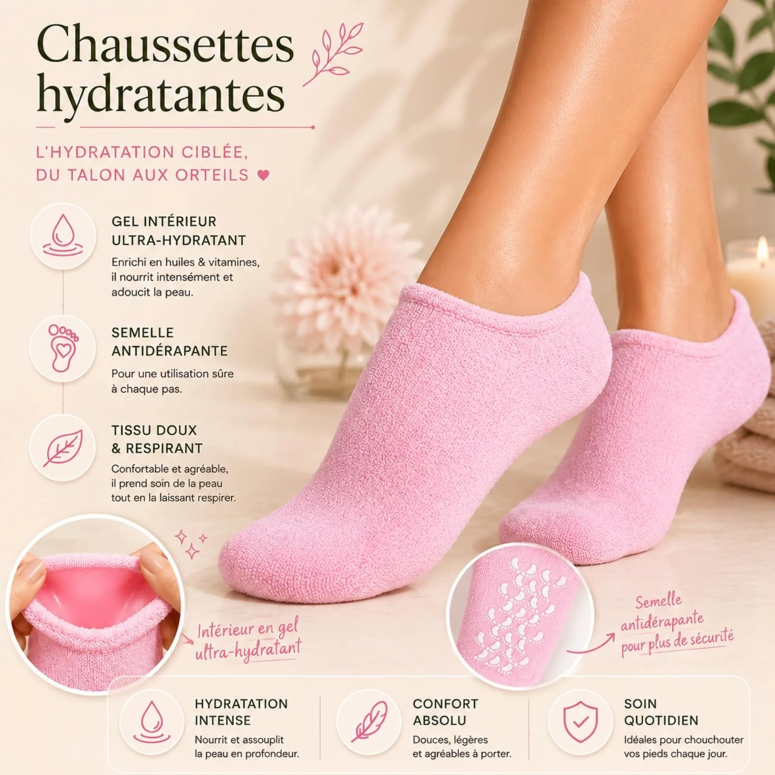 Sun & Sia Paire de Chaussettes Hydratantes Réutilisables Rose Gel Huiles Jojoba Olive Vitamine E Lavande