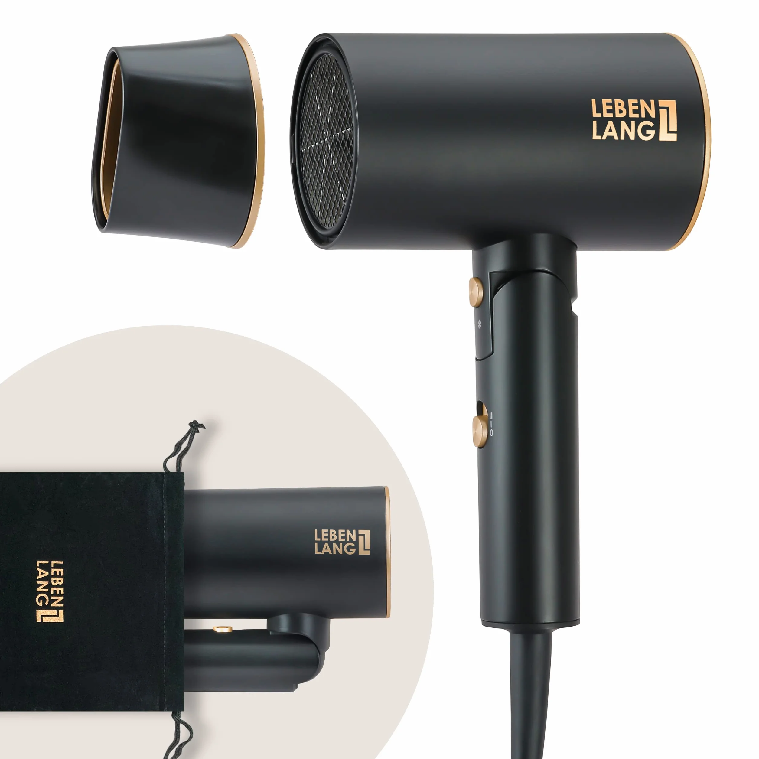 LEBENLANG Petit Sèche-cheveux Ion 2100W - Anti-Spliss avec le mode Air Froid, pliable - Accessoires de Voyage (Noir)
