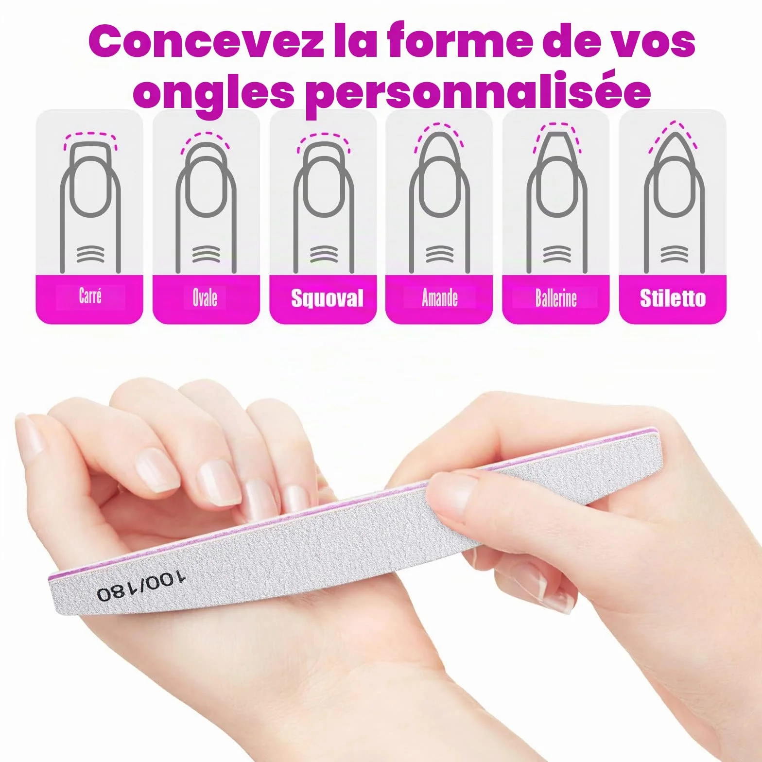 Lime à Ongles Professionnelles 10 Pcs 5 Formes Grain 100/180 Double Faces Polissage Ponçage