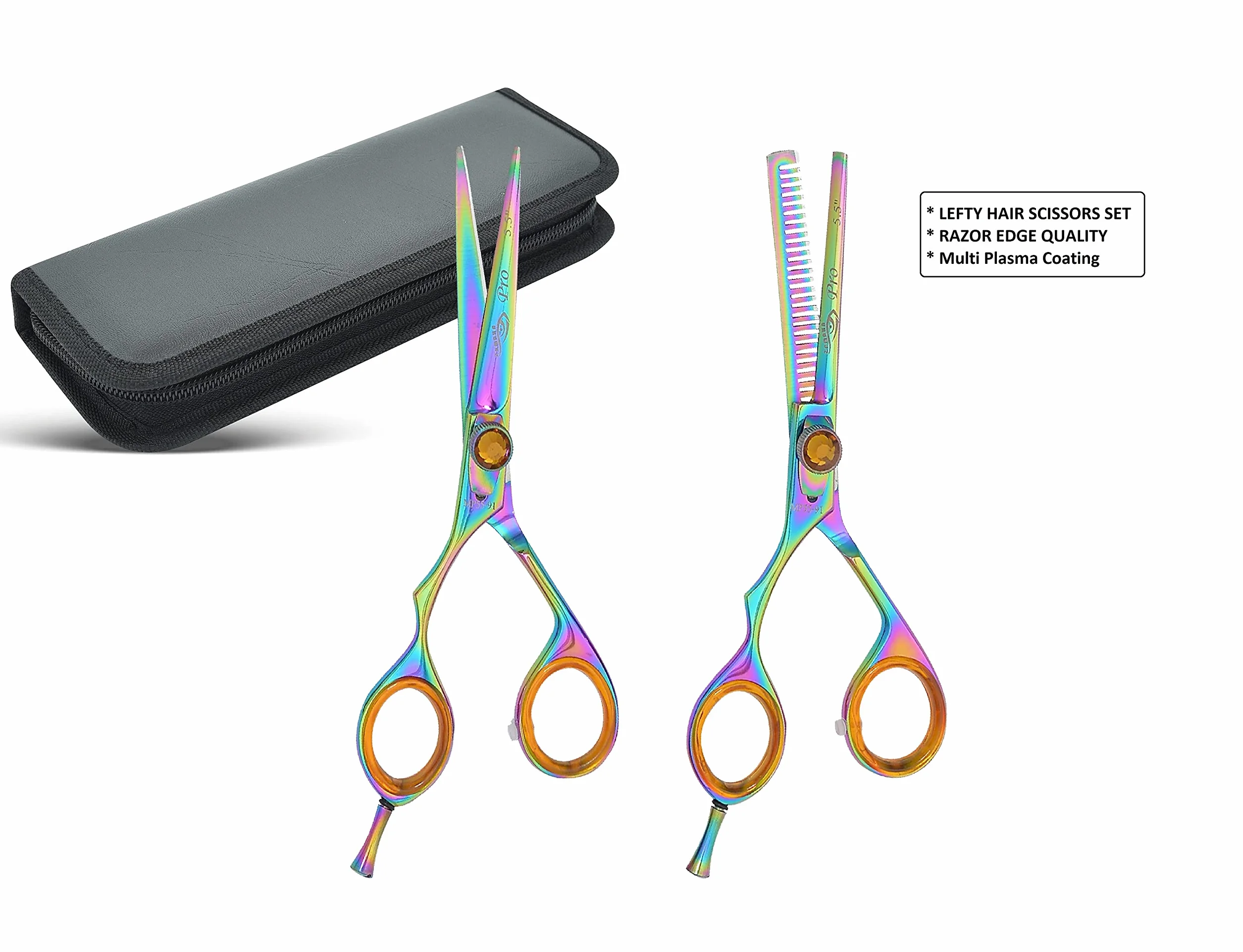 Kit de ciseaux de coupe de cheveux professionnels pour gaucher - 14 cm - Ciseaux à texturer et à effiler pour coiffure et barbier - Pour homme et femme