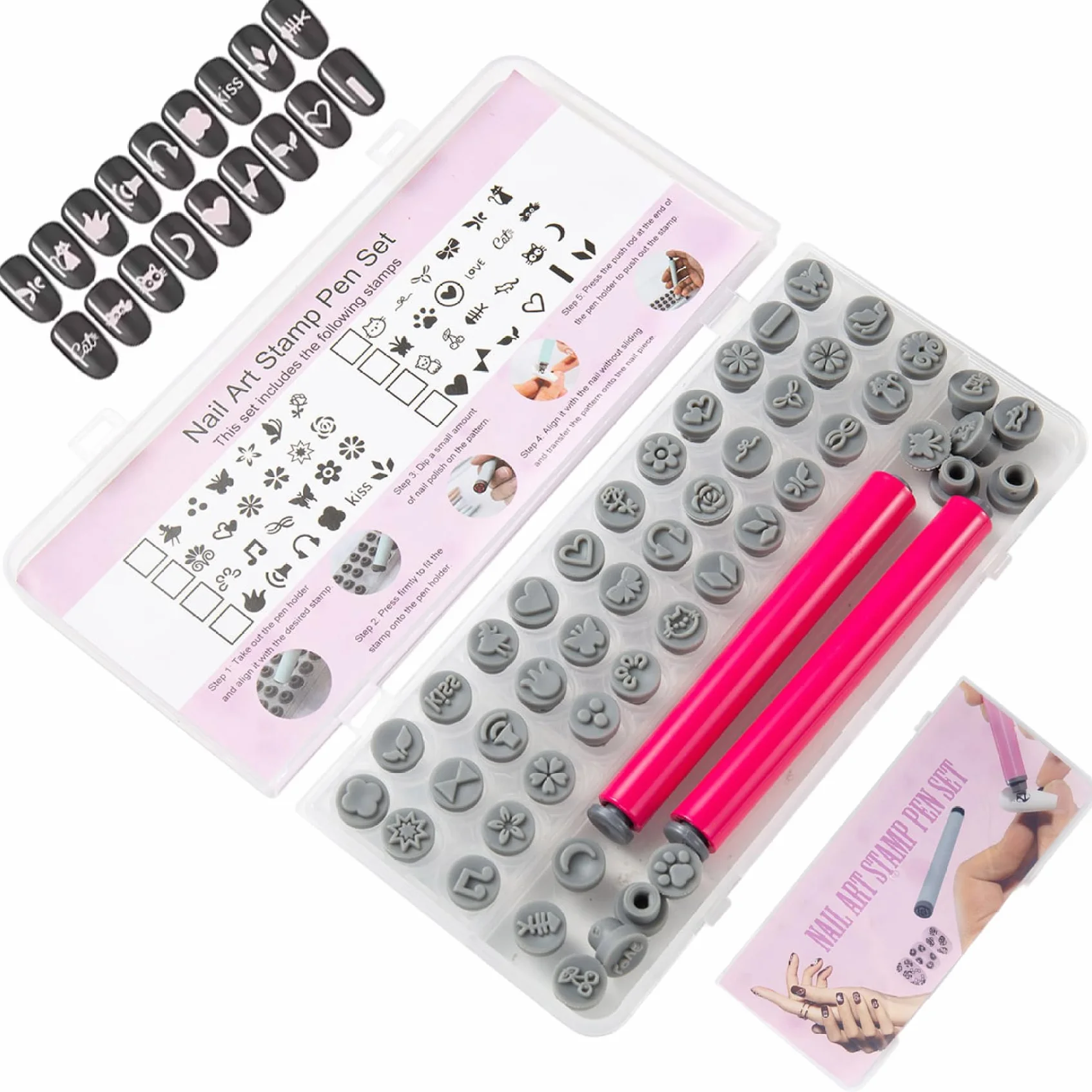 48 pièces stylos de tampon d'art d'ongle différents modèles tampons 'art 'ongle avec pointe de stylo en silicone fleur papillon rose kit 'estampage bricolage pour femmes, décoration jardin