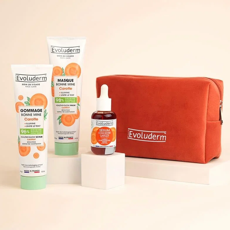 EVOLUDERM – Trousse Visage Trio Carotte - 1 Gommage Carotte + 1 Masque Carotte + 1 Sérum – idée Cadeau - Fabrication Française