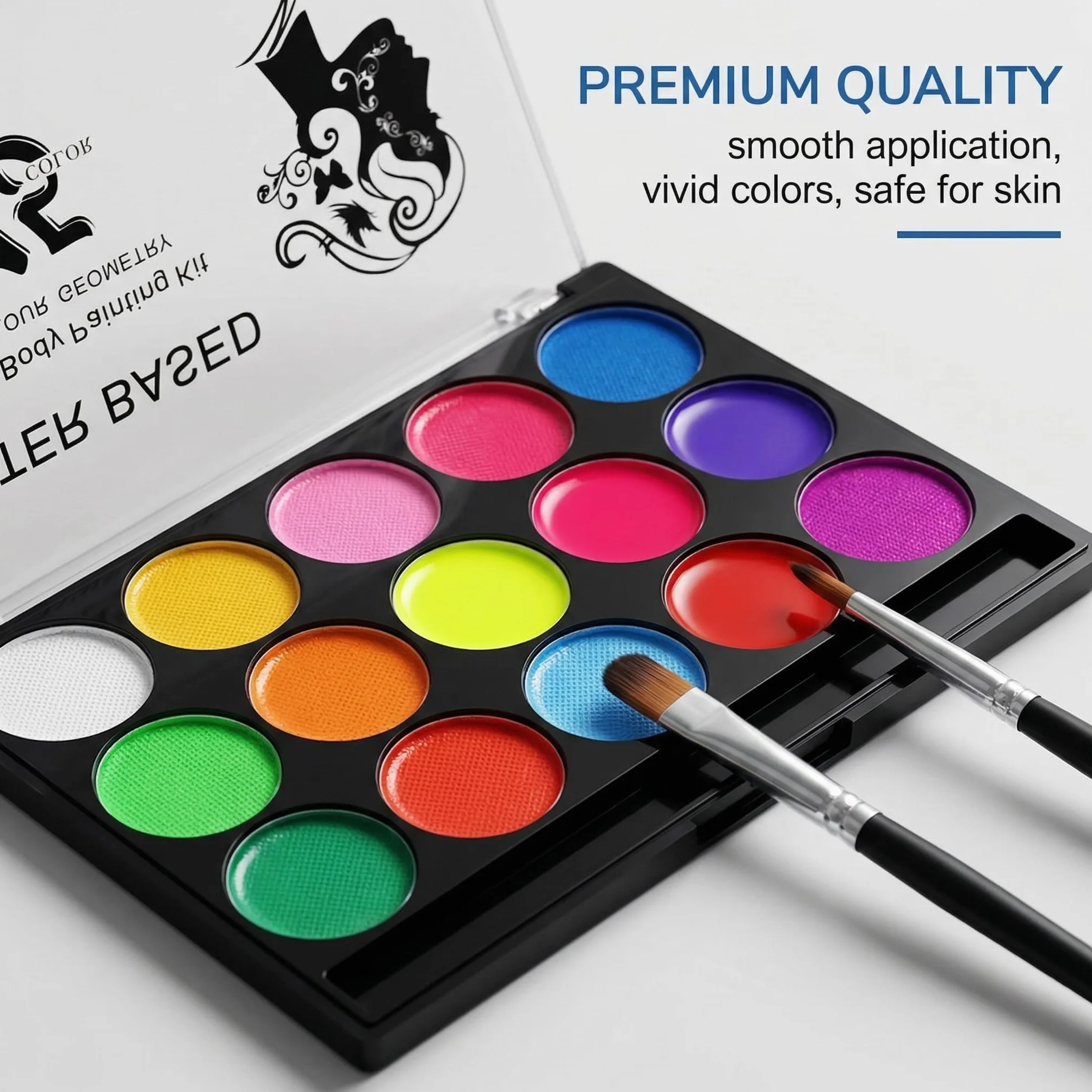Set de Maquillage pour Enfants, 15 Couleurs, Palette Enfant Body Painting et Carnaval Visage, avec 2 Pinceaux Maquillages, pour Halloween, Noël, Carnaval, Soirées à Thème, Fête d'anniversaire
