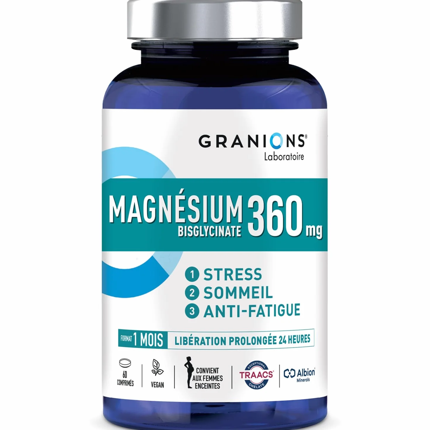 MAGNESIUM BISGLYCINATE 360 MG GRANIONS Magnesium Fort Dosage Vitamine B6 Anti Stress Adulte 60 Comprimés