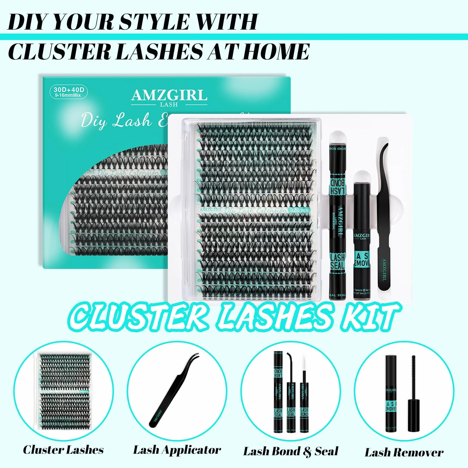 Lashes 3040D Lot de 320 extensions de cils avec colle et scellement pour retirer les cils, pince à épiler (kit 3040D, 9-16MIX)