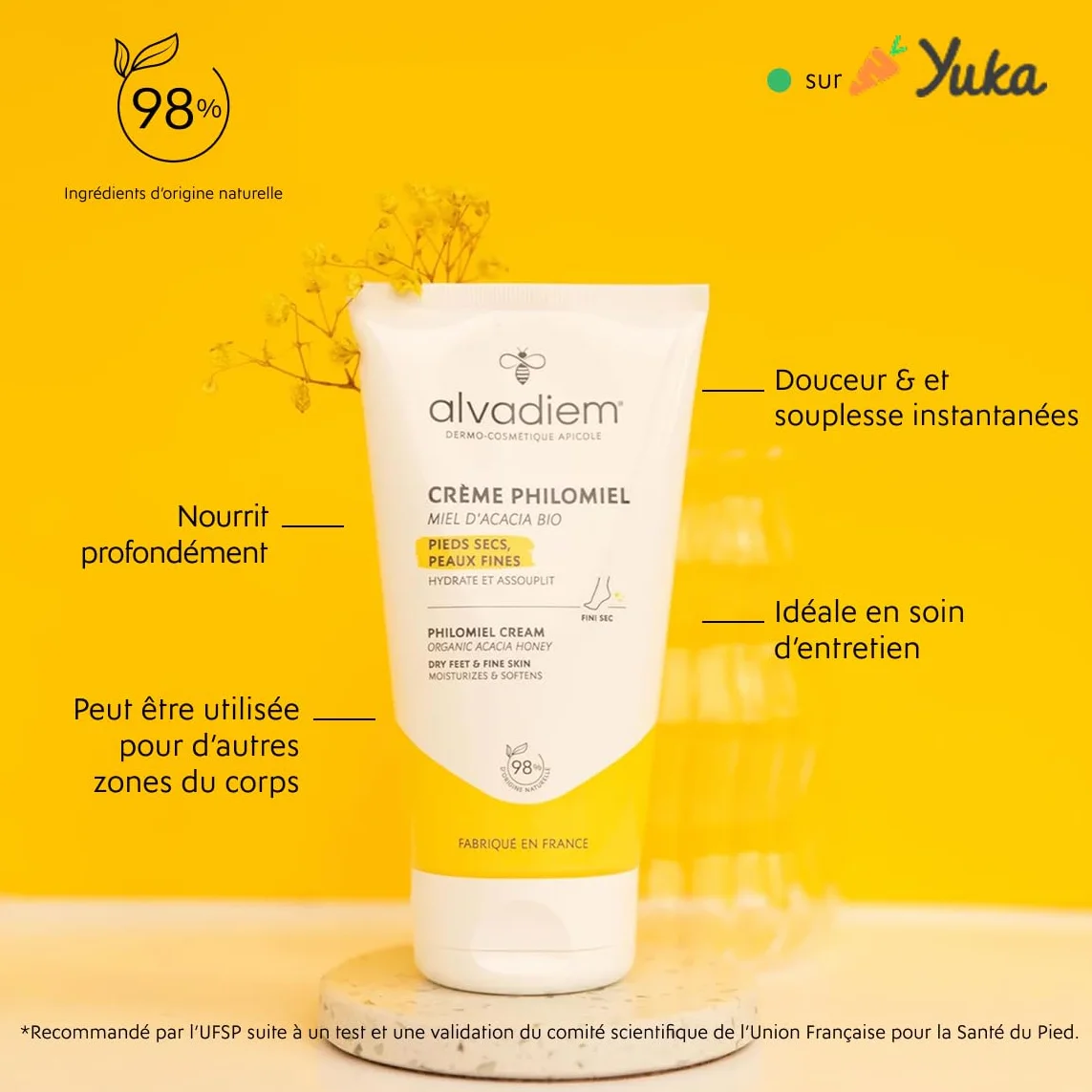 Alvadiem Crème Philomiel Pieds Secs Talons Rugueux Hydrate Adoucit Répare Callosités Miel d'Acacia Bio Gelée Royale Karité 150 ml