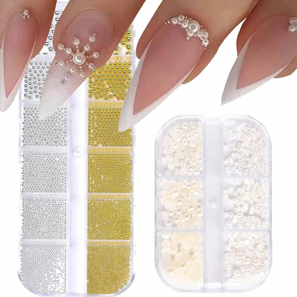 Blanc Perles Ongles Demi Rond Bijoux Nail Art Strass Accessoires Or Argent Mini