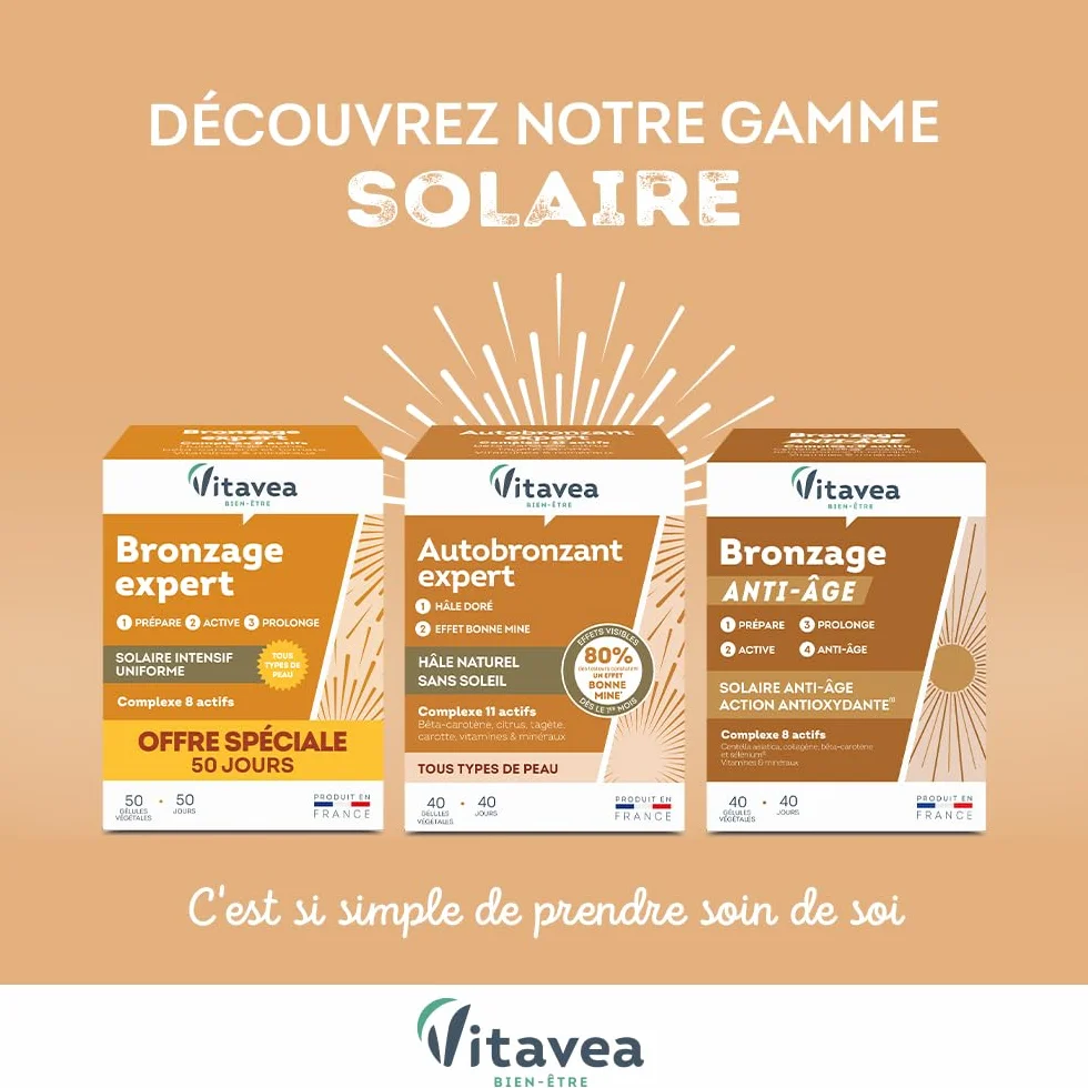 Vitavea Bronzage Expert Prolongateur de Bronzage après Soleil Complément Alimentaire Huile de Bourrache Bêta-Carotène Zinc Vitamine E Cuivre