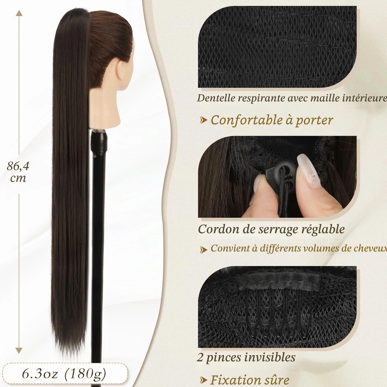 BARSDAR Queue de Cheval Extension avec Cordon, 86cm Longue Raides Queue de Cheval Extension Cheveux Synthétique Faux Ponytail Postiche Clip in Ponytail pour Femmes Quotidienne - Brun Foncé