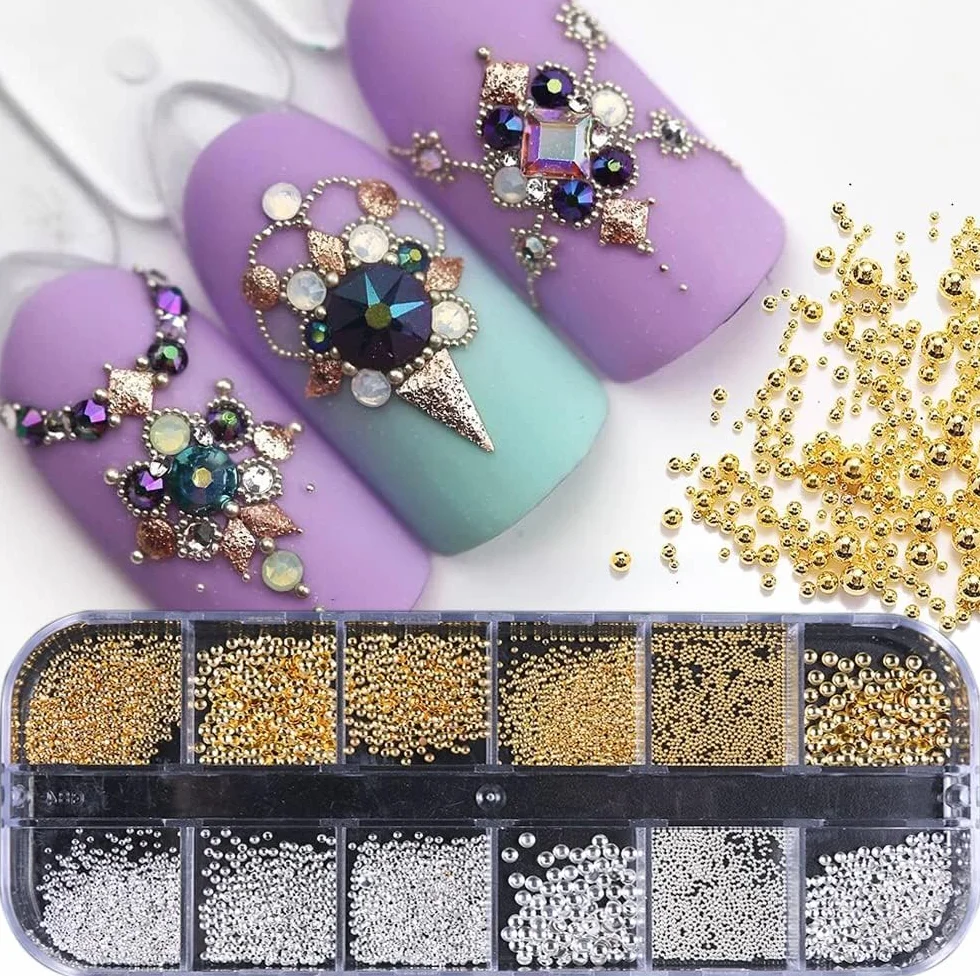 Blanc Perles Ongles Demi Rond Bijoux Nail Art Strass Accessoires Or Argent Mini