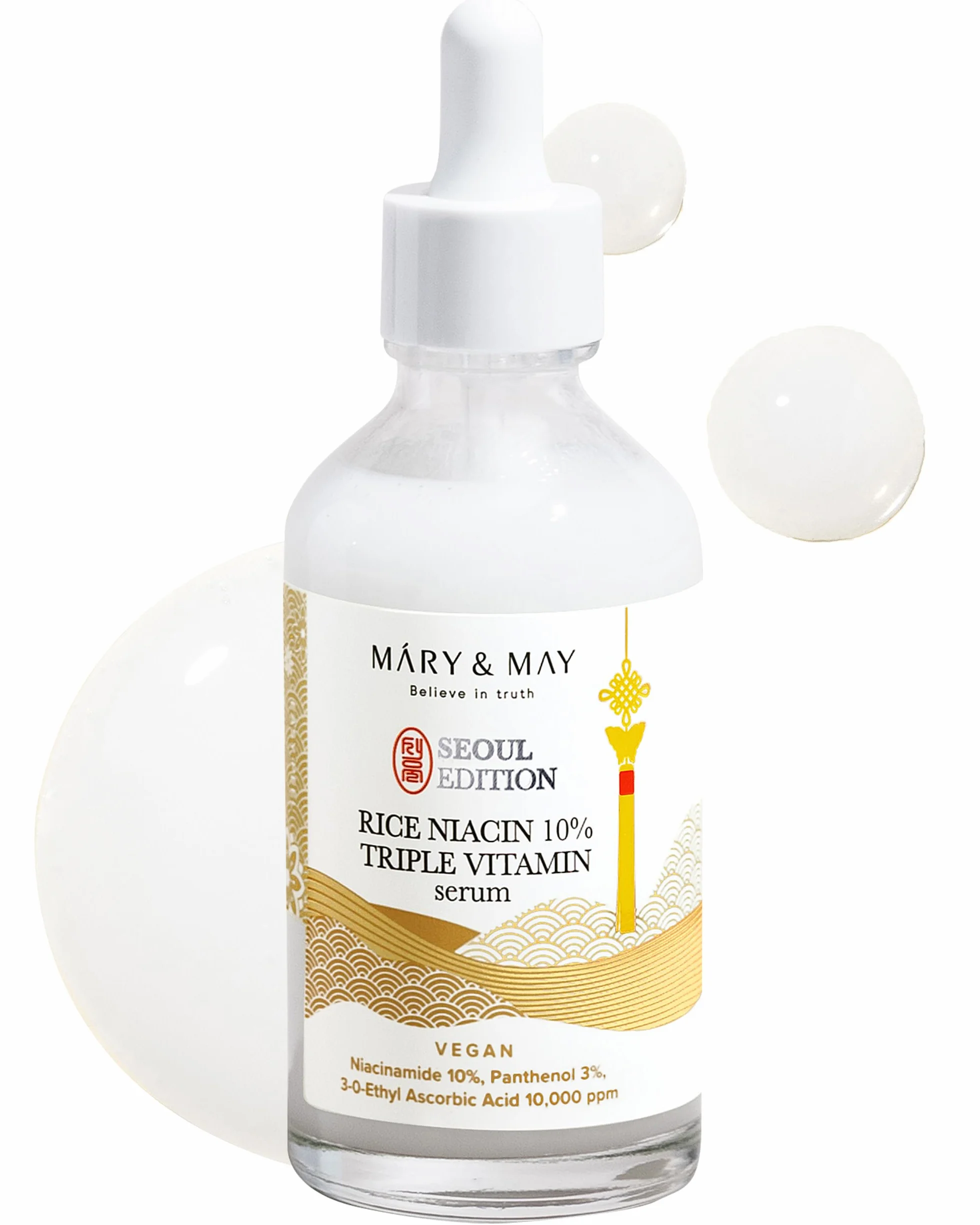 Mary&May SEOUL Edition Sérum triple vitamine à la niacine de riz 10% – Sérum éclat coréen pour un teint uniforme et un éclat sain – Niacinamide et vitamines – Sans parfum, sans cruauté envers les