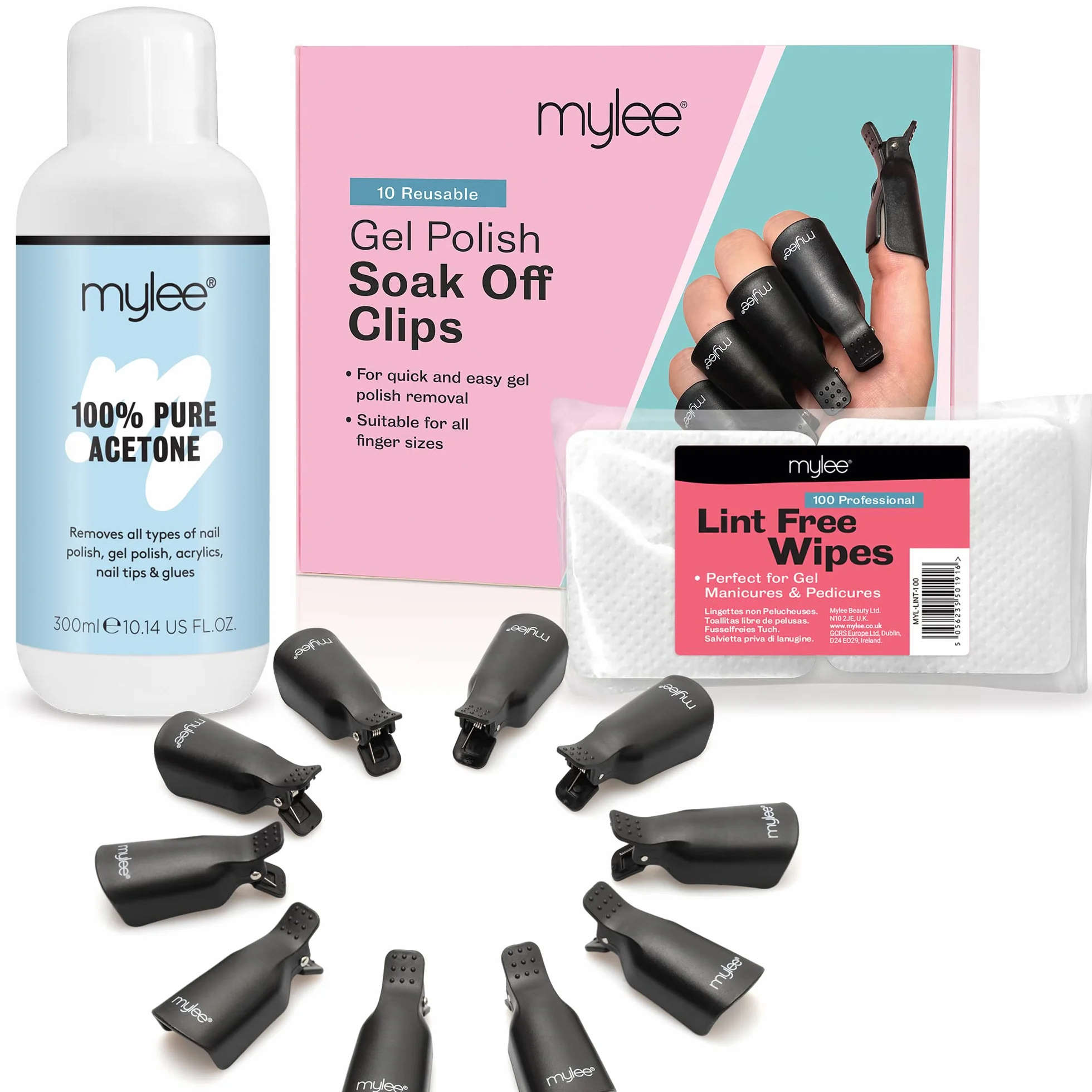 Mylee Dissolvant Vernis Semi-Permanent Acétone Pure 300ml + 100 Lingettes + 10 Pinces Ongles