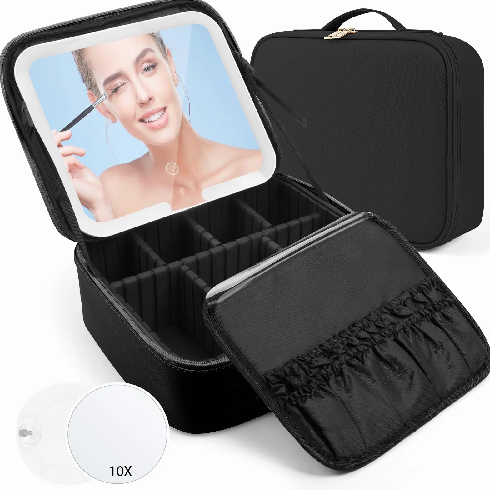 Trousse de Maquillage avec Miroir Lumière LED 3 Couleurs, Séparateurs Réglables, Voyage Portable Grande Capacité, Noir