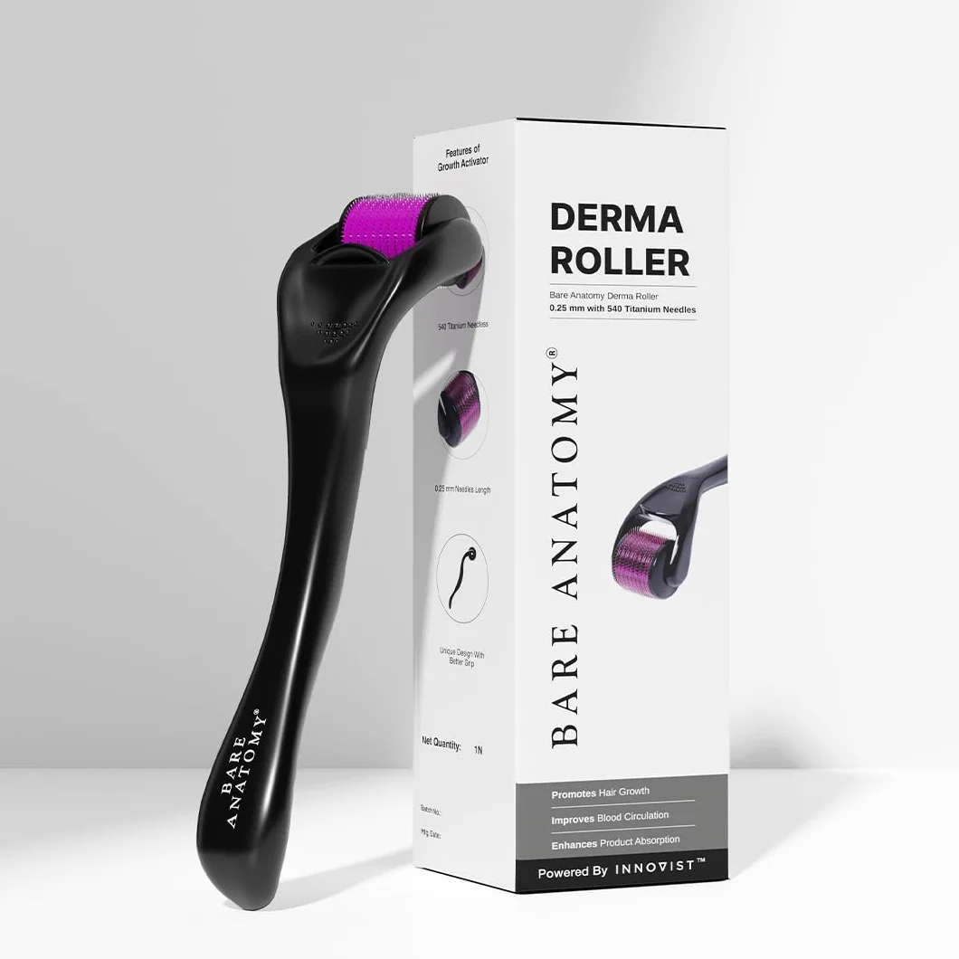Bare Anatomy Derma Roller pour la pousse des cheveux | 0,25 mm avec 540 micro-aiguilles en titane | Stimule les follicules pileux et améliore la circulation du cuir chevelu