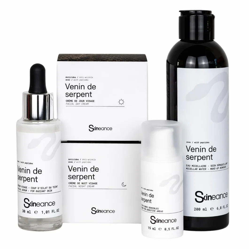 Skineance - Gamme Rituel Venin de Serpent | 5 Produits Soin Visage Anti-âge | Crème Jour 50 ml + Crème Nuit 50 ml + Eau Micellaire 200 ml + Sérum 30 ml + Sérum Zones Sensibles 15 ml | Coffret beauté