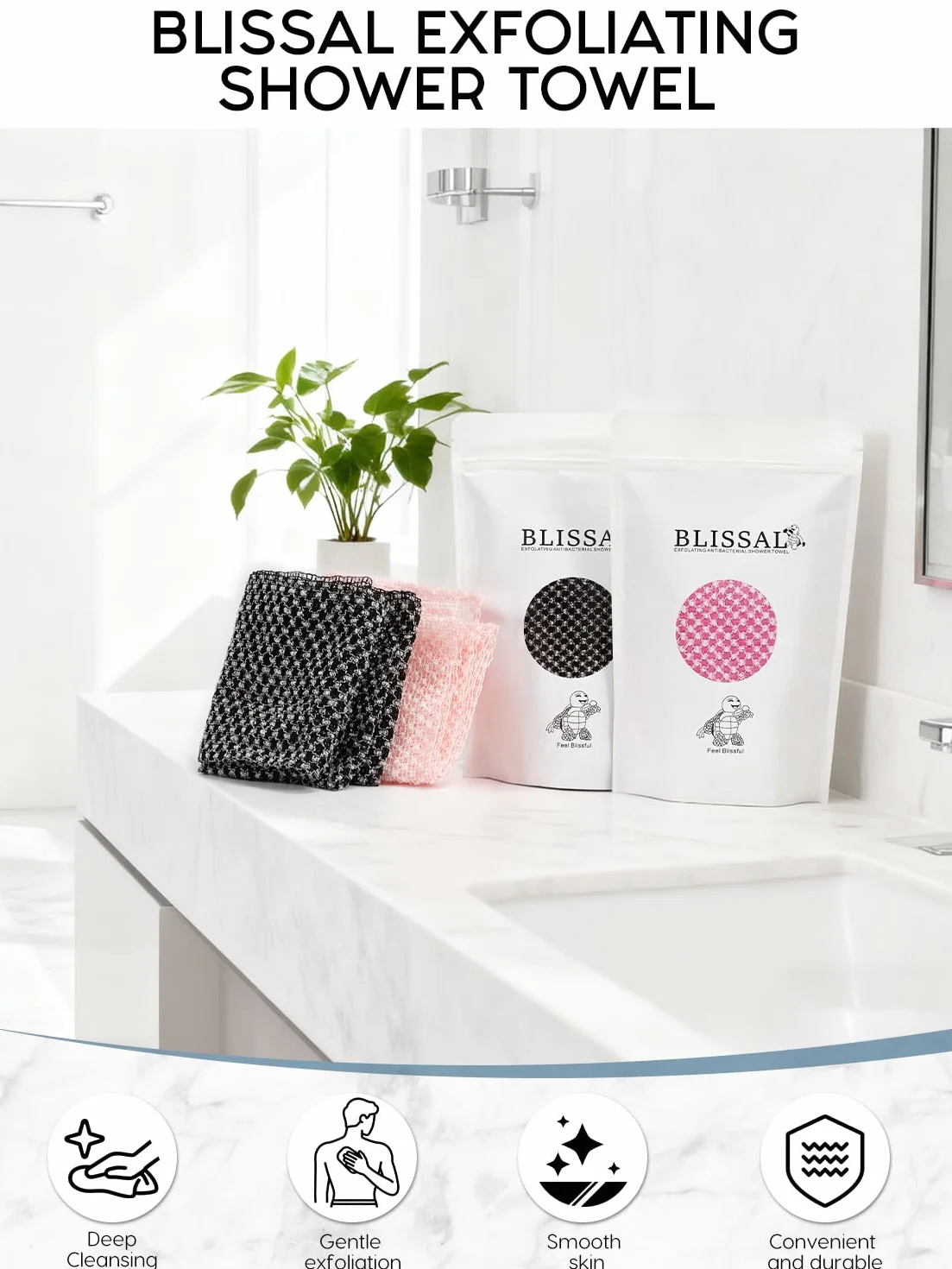 Blissal Lot de 2 serviettes de douche exfoliantes antibactériennes pour peau lisse, rose + noir