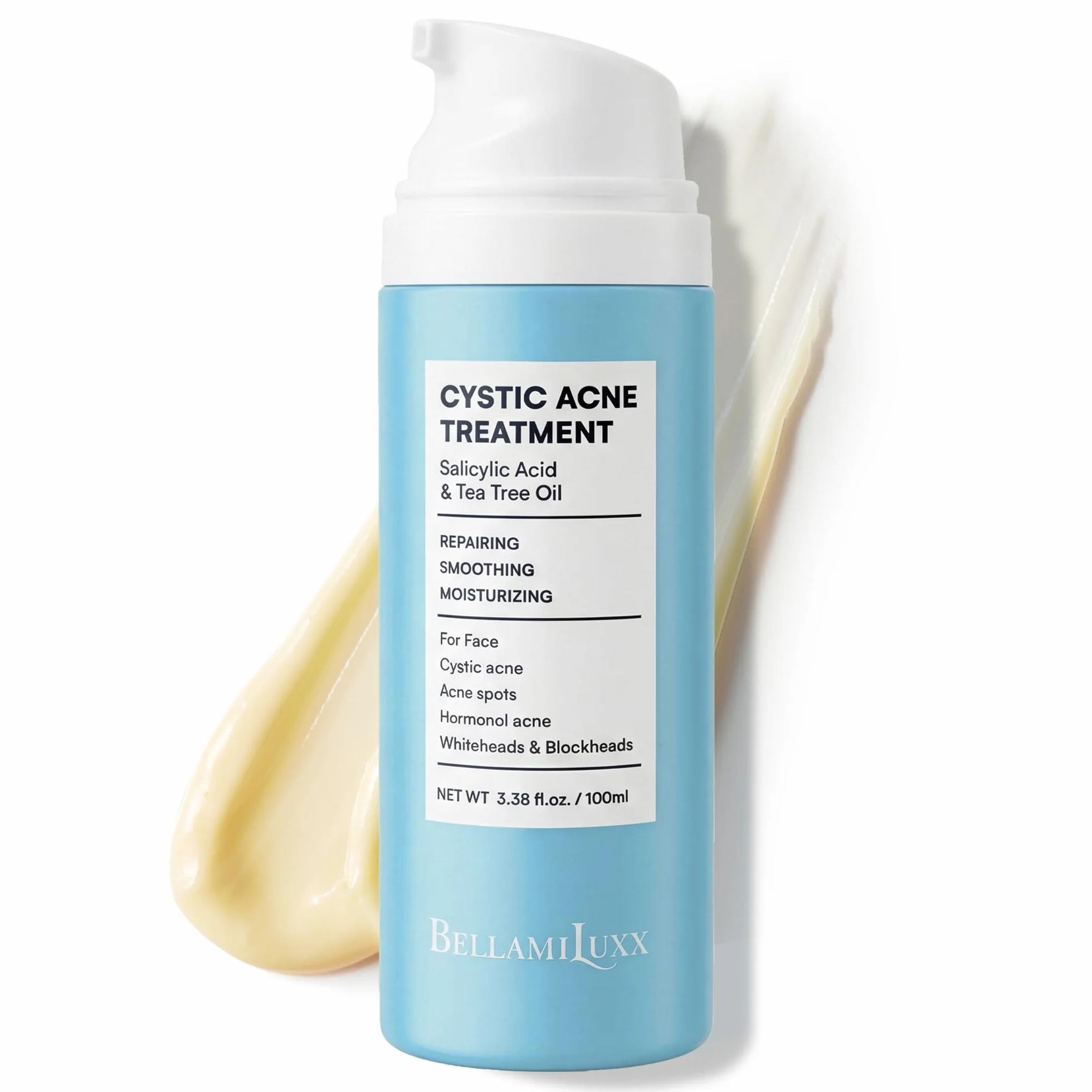 BellamiLuxx Traitement cystique de l'acné pour le visage : crème de traitement de l'acné hormonal pour adolescents et adultes - Acide salicylique et huile d'arbre à thé - Anti-acné hydratant réduit