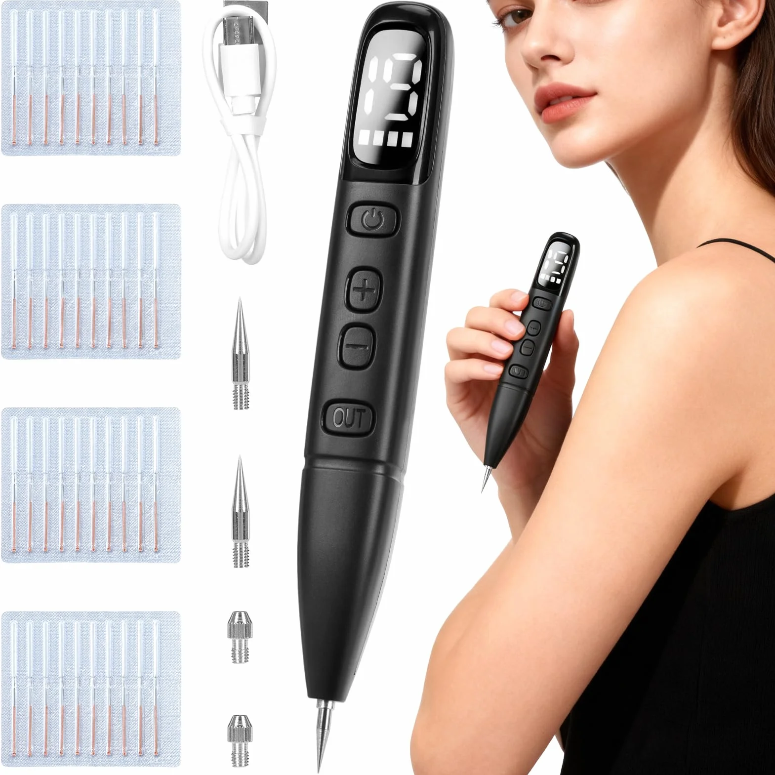 Dissolvant Traitement Verrues Plasma, Électrique Removal Pen avec 19 Niveaux Réglables et Spot LED, Outil Dermatologique Portable Rechargeable pour Grains de Beauté, Verrues, Taches de Rousseur
