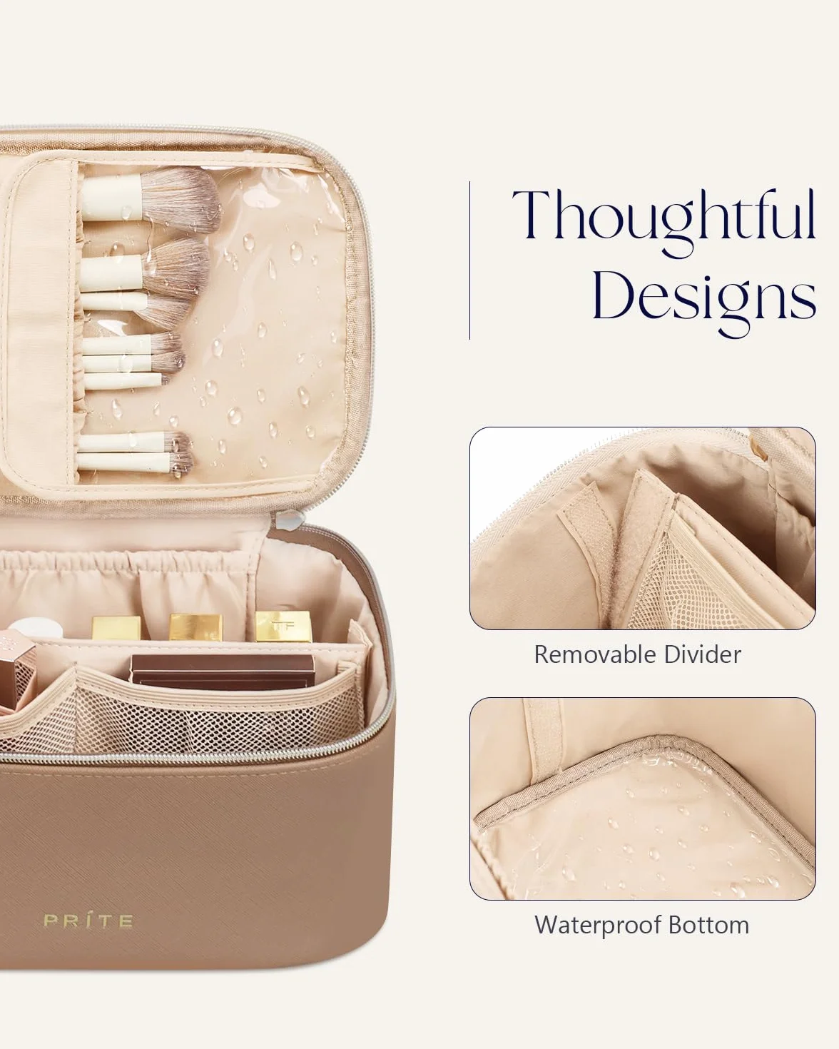 Prite Grand Trousse de Maquillage Femme Vanity Voyage Cuir Imperméable Poignée Séparateur Amovible Marron