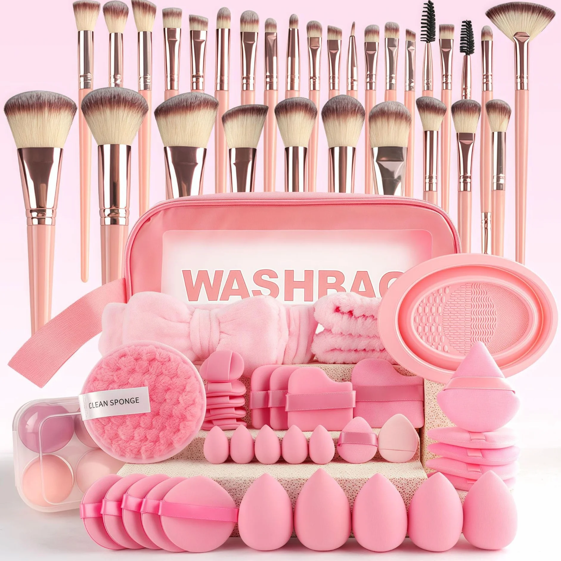 Kit de 67 pinceaux de maquillage professionnel avec éponges, sac de rangement, rose