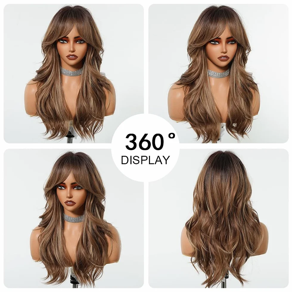 Longue Perruque mixte Brune avec Franges Perruques Ondulées Naturelles pour Femmes Cheveux Synthétiques Naturels Perruques Résistantes à La Chaleur pour La Fête Quotidienne Cosplay Wear