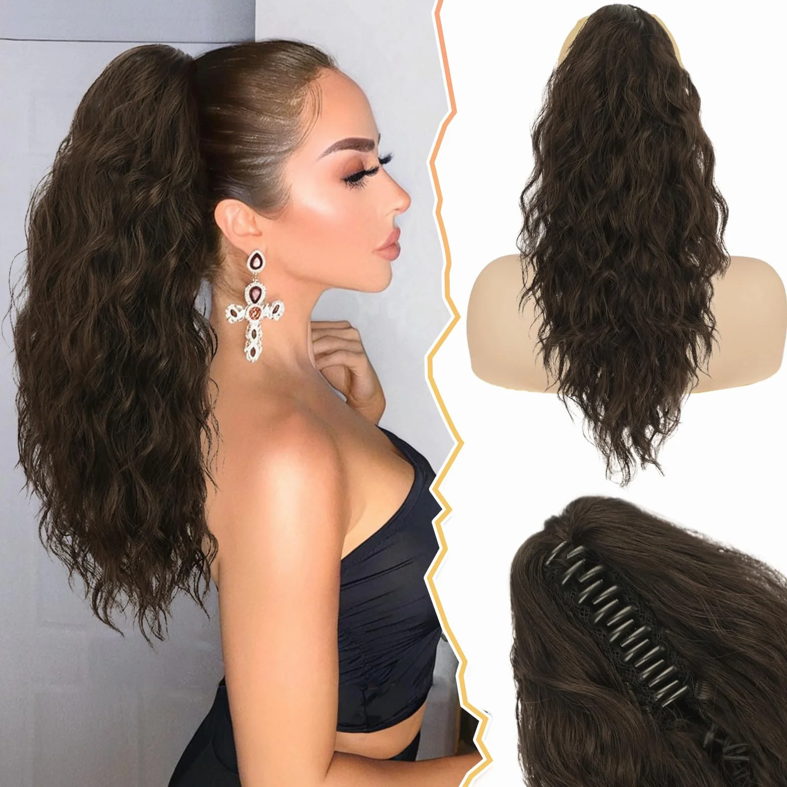 BARSDAR Extensions de cheveux synthétiques à clipser pour queue de cheval - 45,7 cm - Cheveux bouclés et ondulés - Pour tous les jours - Brun foncé