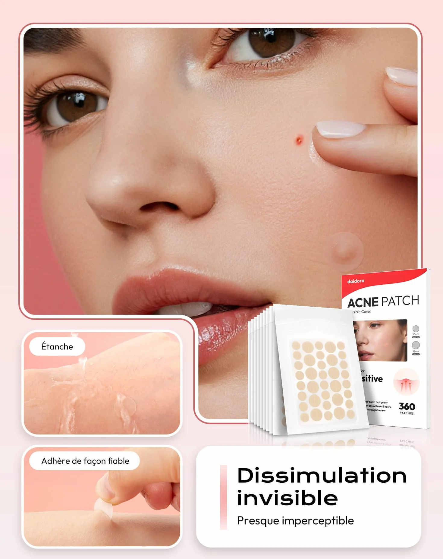 Patch Invisible Hydrocolloïde Imperméable Transpirable Anti-Acné 10MM 12MM 360 Pièces