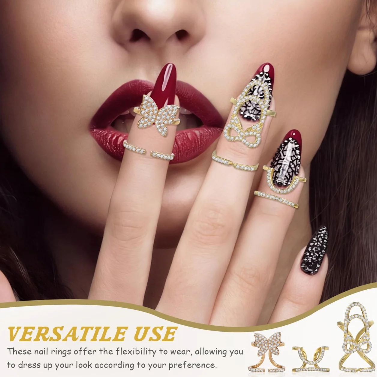Bagues À Ongles Zircon Strass Nail Art Bijoux Décoration Pour Femmes 3 Pièces