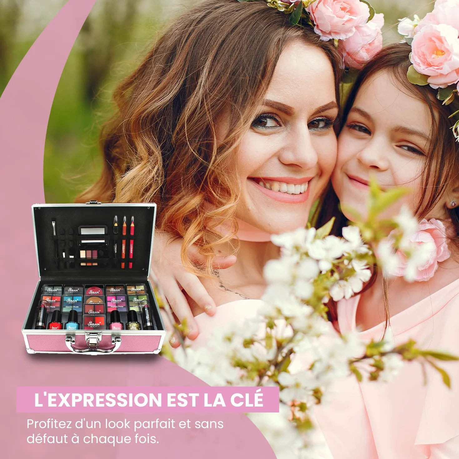 LOVE URBAN BEAUTY Végétalien Trousse maquillage rose vif - Kit maquillage 82 pièces adolescentes et femmes avec ombres à paupières, fards, rouges à lèvres et produits pour les ongles