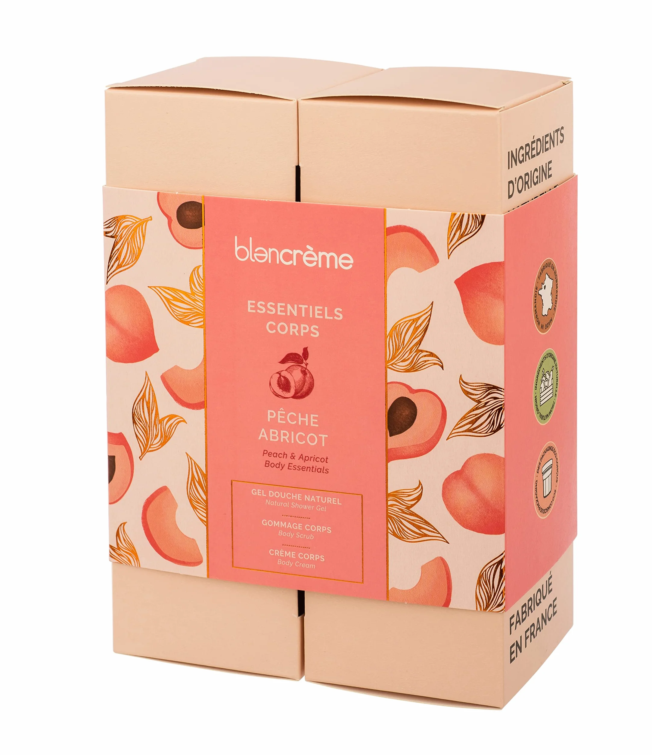 Coffret Cadeau Soins du Corps 99% naturel Pêche Abricot Gel douche Gommage Crème corps fondante