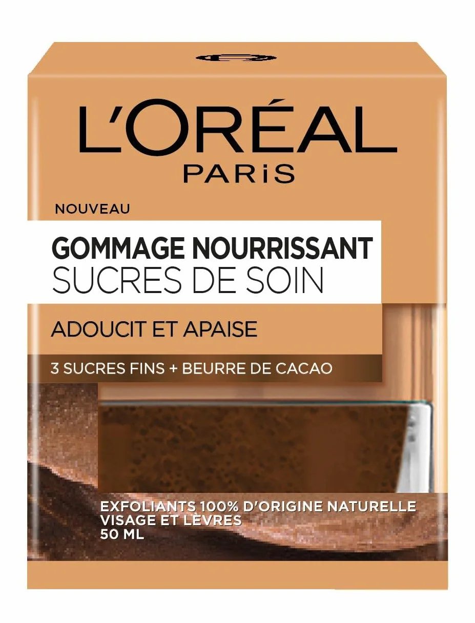 L’Oréal Paris – Soin Gommage Nourrissant pour Visage & Lèvres - Exfoliant, Adoucissant & Apaisant - Aux 3 Sucres Fins & Beurre de Cacao - Tous Types de Peaux - Sucres de Soin - 50 ml