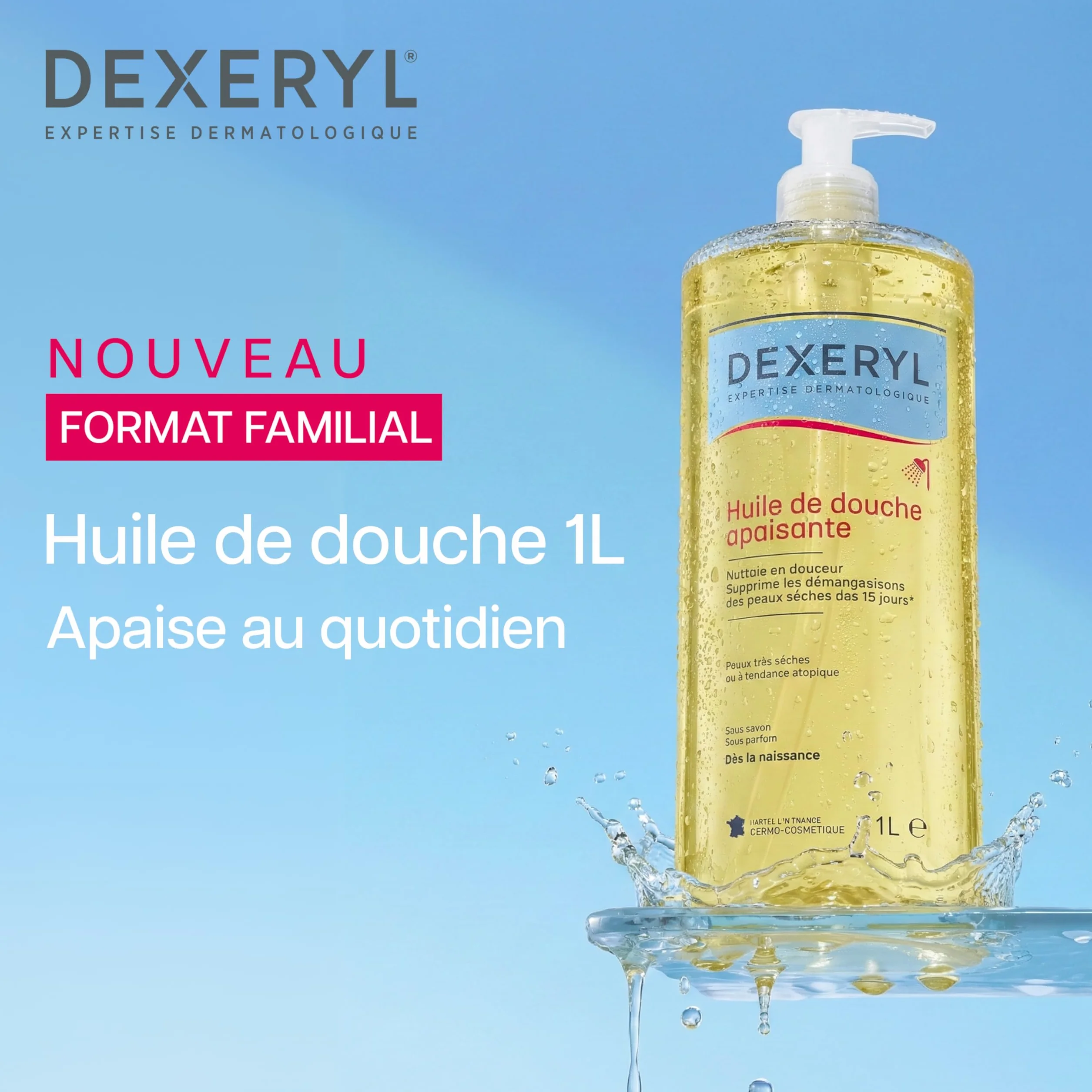 DEXERYL Huile de Douche Apaisante 1L Peaux Très Sèches Atopique Sans Savon Sans Parfum